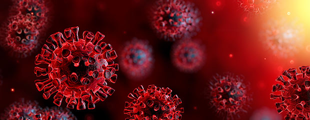 Darstellung von Coronaviren vor rotem Hintergrund