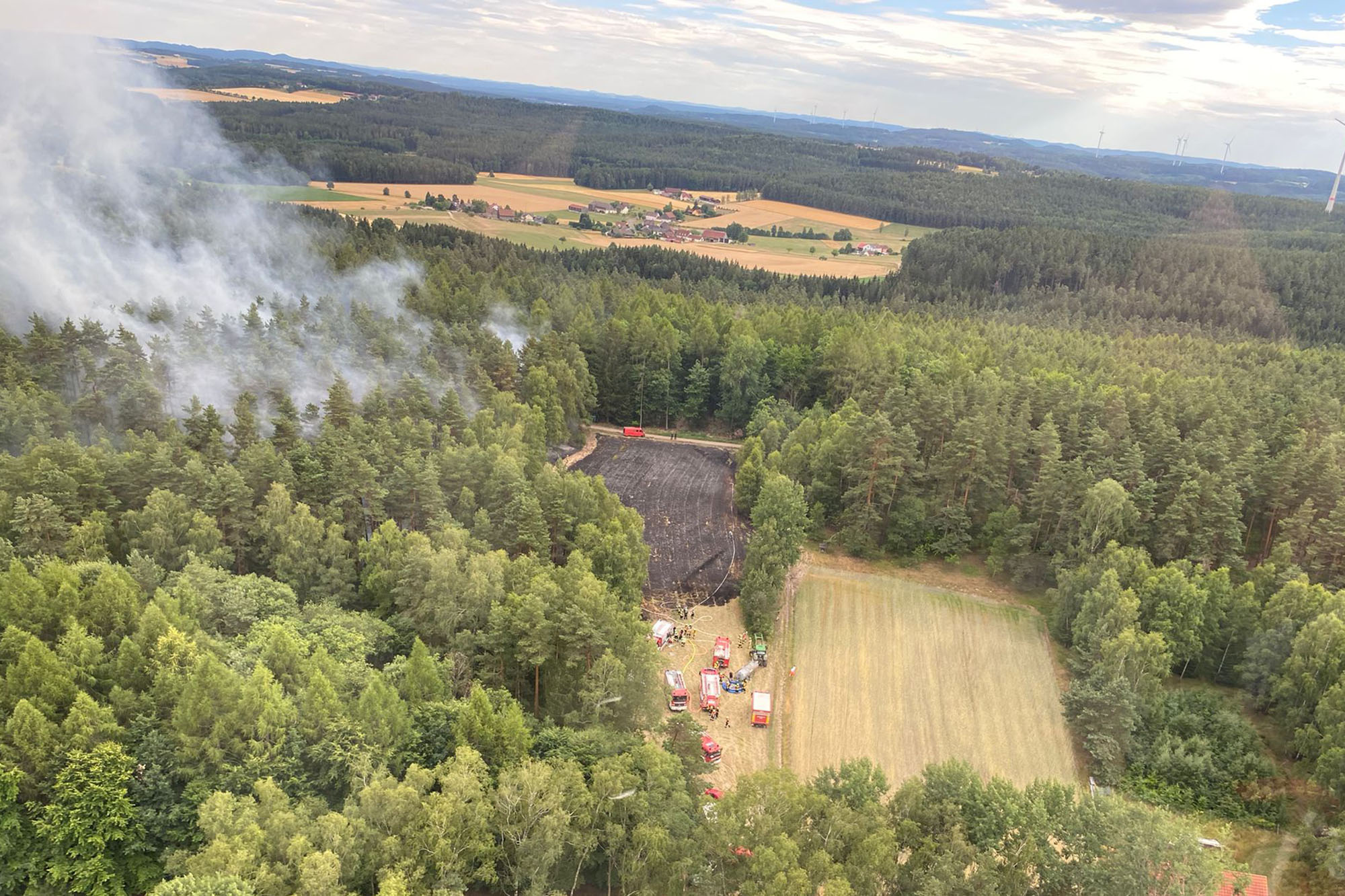 Mehrere Feuerwehrautos stehen auf einer Lichtung vor einem Wald. Aus dem Wald steigt Rauch auf.