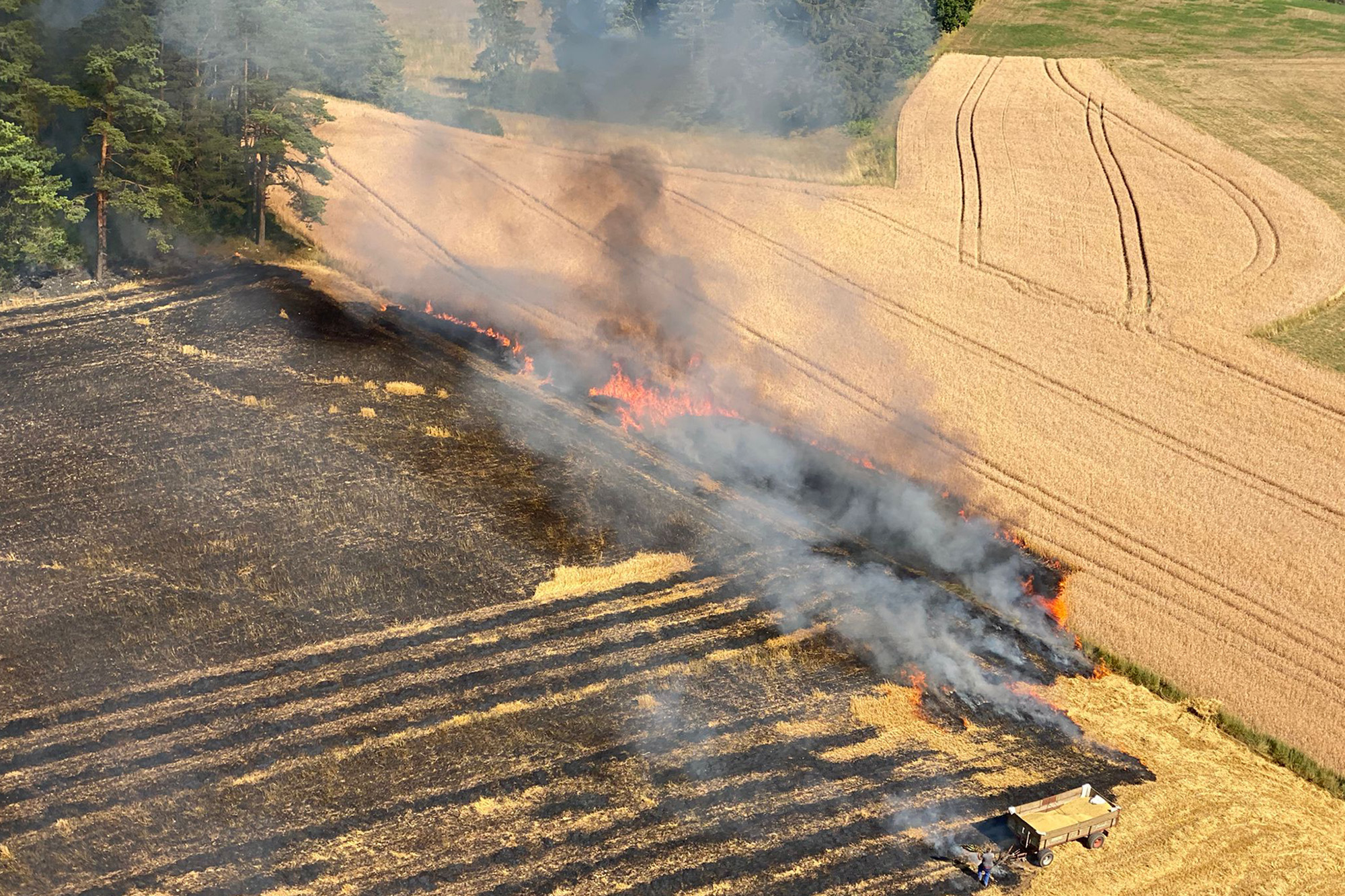 Ein brennendes Feld unweit eines Waldgebiets in Oberfranken. Ein brennendes Feld unweit eines Waldgebiets in Oberfranken.