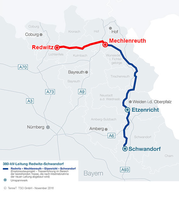 Karte für den Ersatzneubau Ostbayernring - Leitungsverlauf Abschnitt UW Redwitz – UW Mechlenreuth