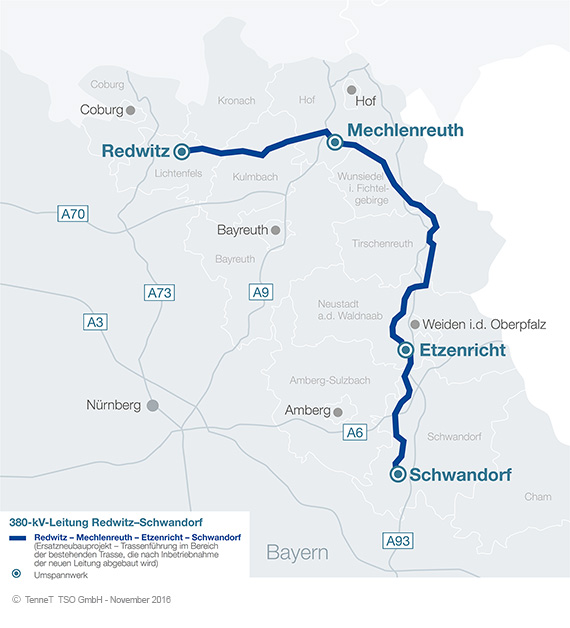 Tennet - Übersichtskarte Ostbayernring Redwitz bis Schwandorf, Netzausbau 570x628