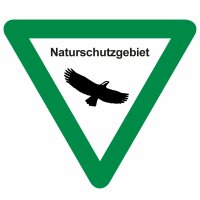 Dreieckiges Schild mit grünem Rand. Mittig ein Vogel und der Schriftzug "Naturschutzgebiet"