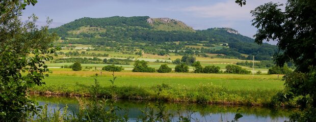 Blick auf grüne Wiesen, Bach und Berg in der Ferne