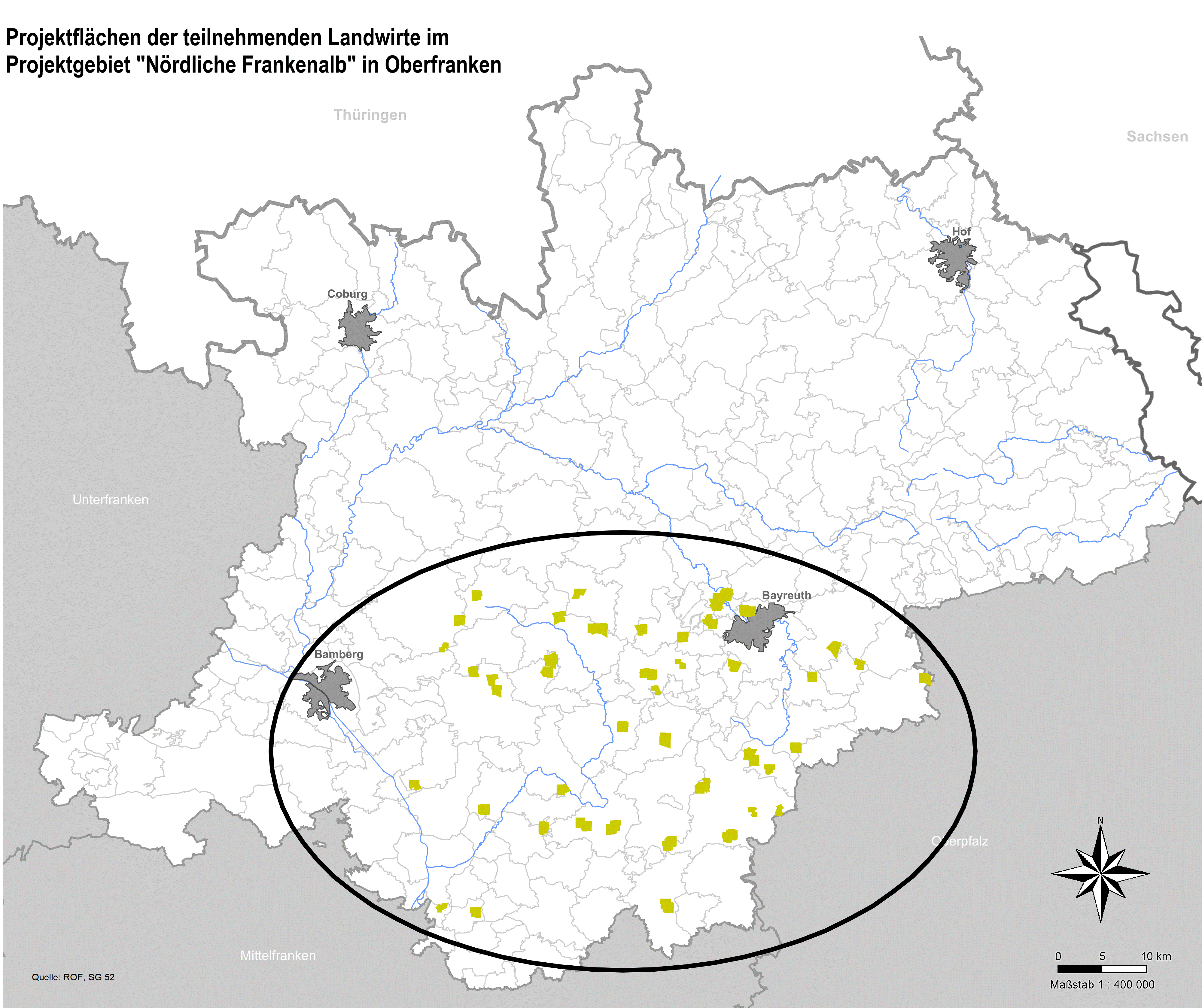 Karte von Oberfranken, auf der das Projektgebiet "Nördliche Frankenalb" rund um Bayreuth und Bamberg gekennzeichnet ist.